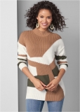 Venus VENUS | Patchwork Mock-Neck Sweater in Tan Multi Venus VENUS | Patchwork Mock-Neck Sweater in Tan Multi