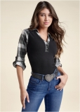 Venus Ribbed Henley Plaid Top in Black & White Venus Ribbed Henley Plaid Top in Black & White
