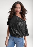 Venus Off-The-Shoulder Sequin Top in Black Venus Off-The-Shoulder Sequin Top in Black
