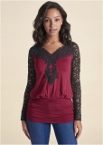Venus Lace Detail Ruched Top in Wine Multi Venus Lace Detail Ruched Top in Wine Multi