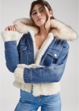 Venus Faux-Fur Trim Trucker Jean Jacket in Medium Wash Venus Faux-Fur Trim Trucker Jean Jacket in Medium Wash