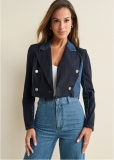 Venus Denim And Pinstripe Blazer in Medium Wash Venus Denim And Pinstripe Blazer in Medium Wash