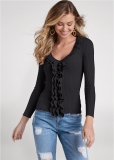 Venus VENUS | Ruffle Front Ribbed Sweater in Black Venus VENUS | Ruffle Front Ribbed Sweater in Black