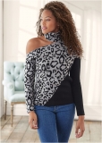 Venus VENUS | Leopard Print One-Shoulder Sweater in Grey & Black Venus VENUS | Leopard Print One-Shoulder Sweater in Grey & Black