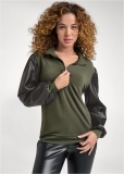 Venus Faux-Leather Zip Sweatshirt in Olive & Black Venus Faux-Leather Zip Sweatshirt in Olive & Black