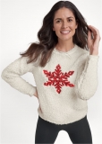Venus Plus Size Snowflake Sherpa Sweatshirt in White & Red Venus Plus Size Snowflake Sherpa Sweatshirt in White & Red