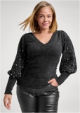 Venus Plus Size Pearl Puff Sleeve Sweater in Black Venus Plus Size Pearl Puff Sleeve Sweater in Black