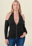 Venus Plus Size Zip-Up Ruched V-Neck Top Venus Plus Size Zip-Up Ruched V-Neck Top