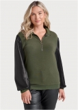 Venus Plus Size Faux-Leather Zip Sweatshirt in Olive & Black Venus Plus Size Faux-Leather Zip Sweatshirt in Olive & Black