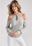 Venus Plus Size Keyhole Embellished Top in Heather Grey Venus Plus Size Keyhole Embellished Top in Heather Grey