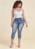 Venus Plus Size Elastic Waistband Jean Capris in Medium Wash Venus Plus Size Elastic Waistband Jean Capris in Medium Wash