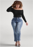 Venus Plus Size Elastic Waistband Cuffed Jeans in Medium Wash Venus Plus Size Elastic Waistband Cuffed Jeans in Medium Wash
