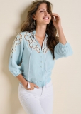 Venus Plus Size Eyelet Smocked Hem Blouse Venus Plus Size Eyelet Smocked Hem Blouse